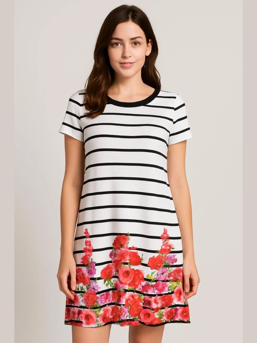 Kensie Striped Floral Border Shift Dress Y2K Boho Coastal Cottagecore Spring 14